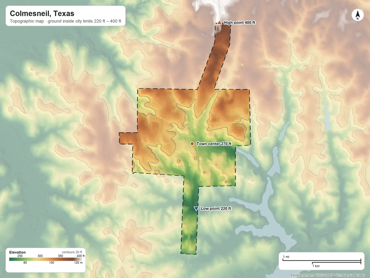 Topographic elevation map of Colmesneil, Texas, shaded from 220 ft on the south side to 400 ft on the north side