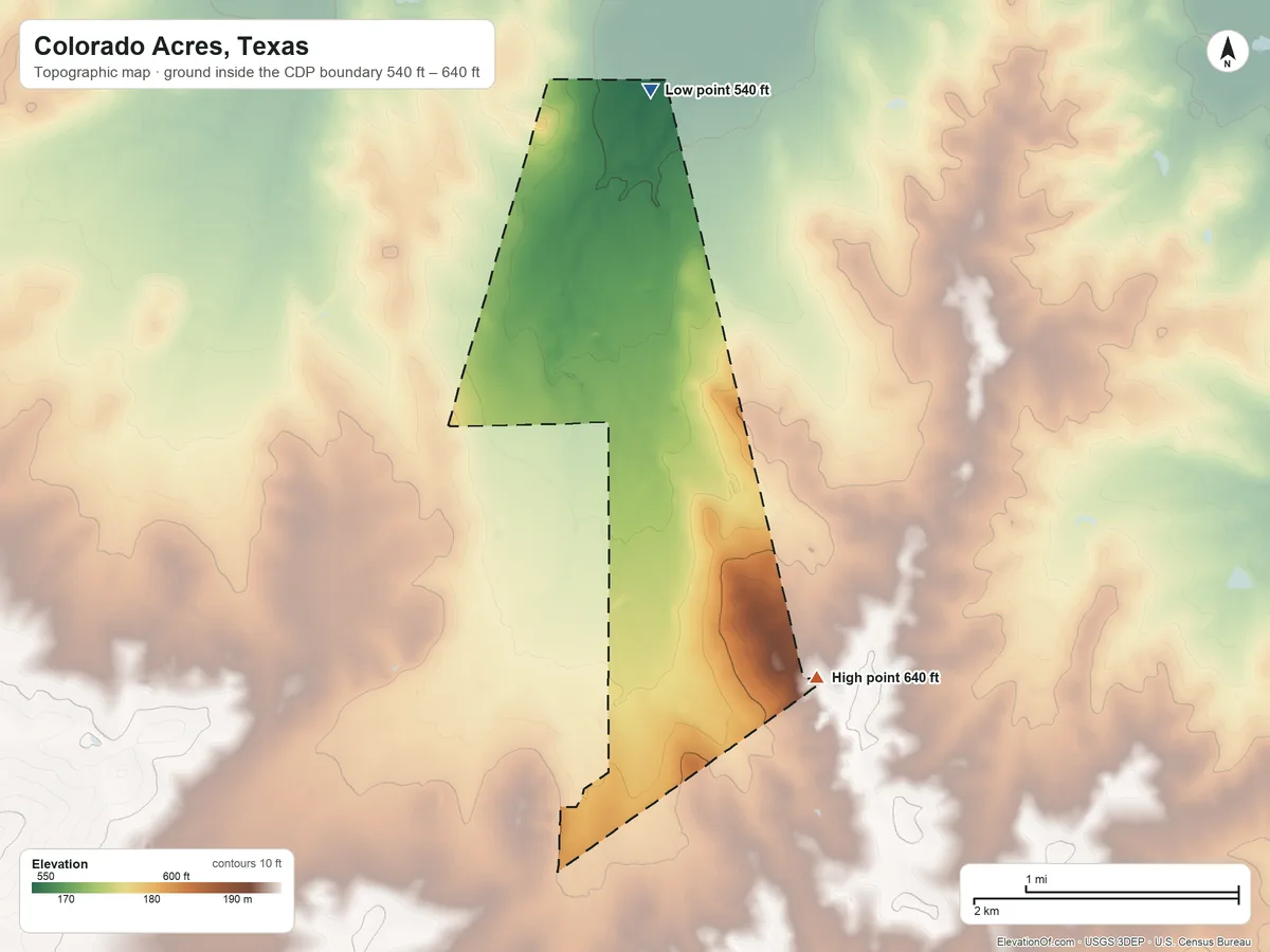 Topographic elevation map of Colorado Acres, Texas, shaded from 540 ft on the north side to 640 ft on the southeast side