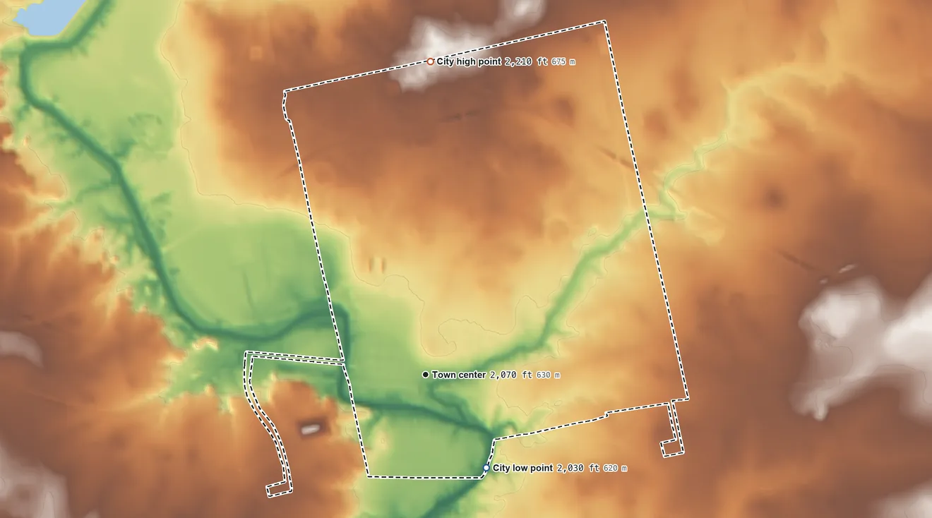 Topographic elevation map of Colorado City, Texas, shaded from 2,030 ft on the southeast side to 2,210 ft on the north side
