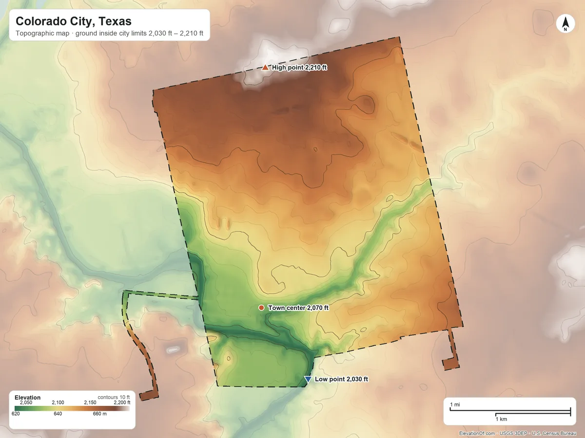 Topographic elevation map of Colorado City, Texas, shaded from 2,030 ft on the southeast side to 2,210 ft on the north side