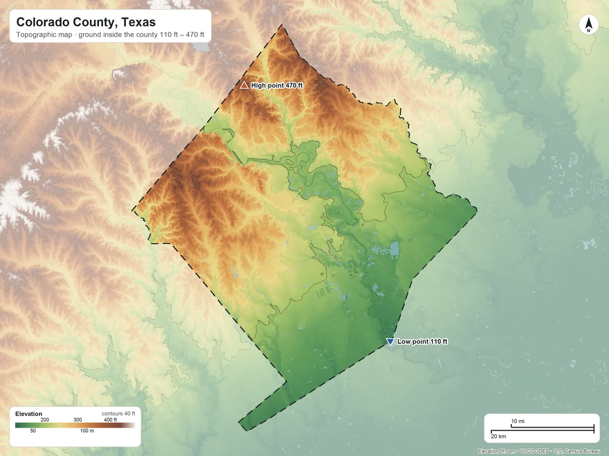 Topographic elevation map of Colorado County, Texas, shaded from 110 ft on the southeast side to 470 ft on Rocky Hill