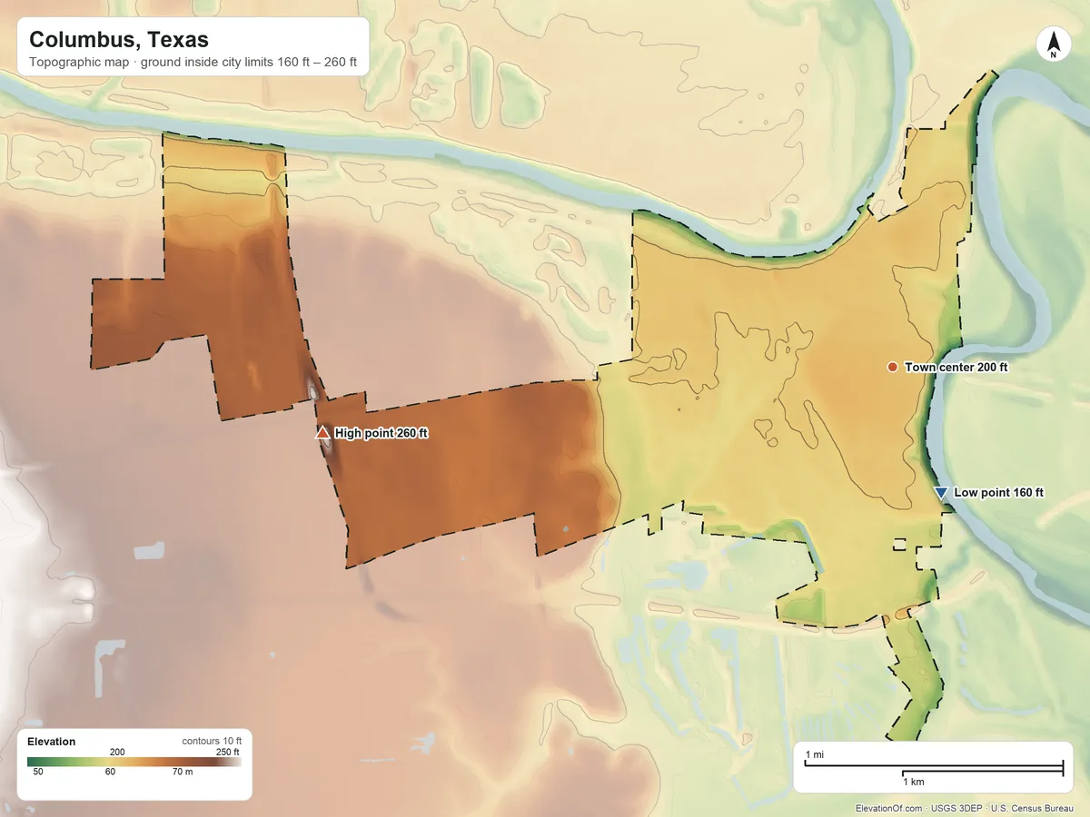 Topographic elevation map of Columbus, Texas, shaded from 160 ft on the south side to 260 ft on the west side