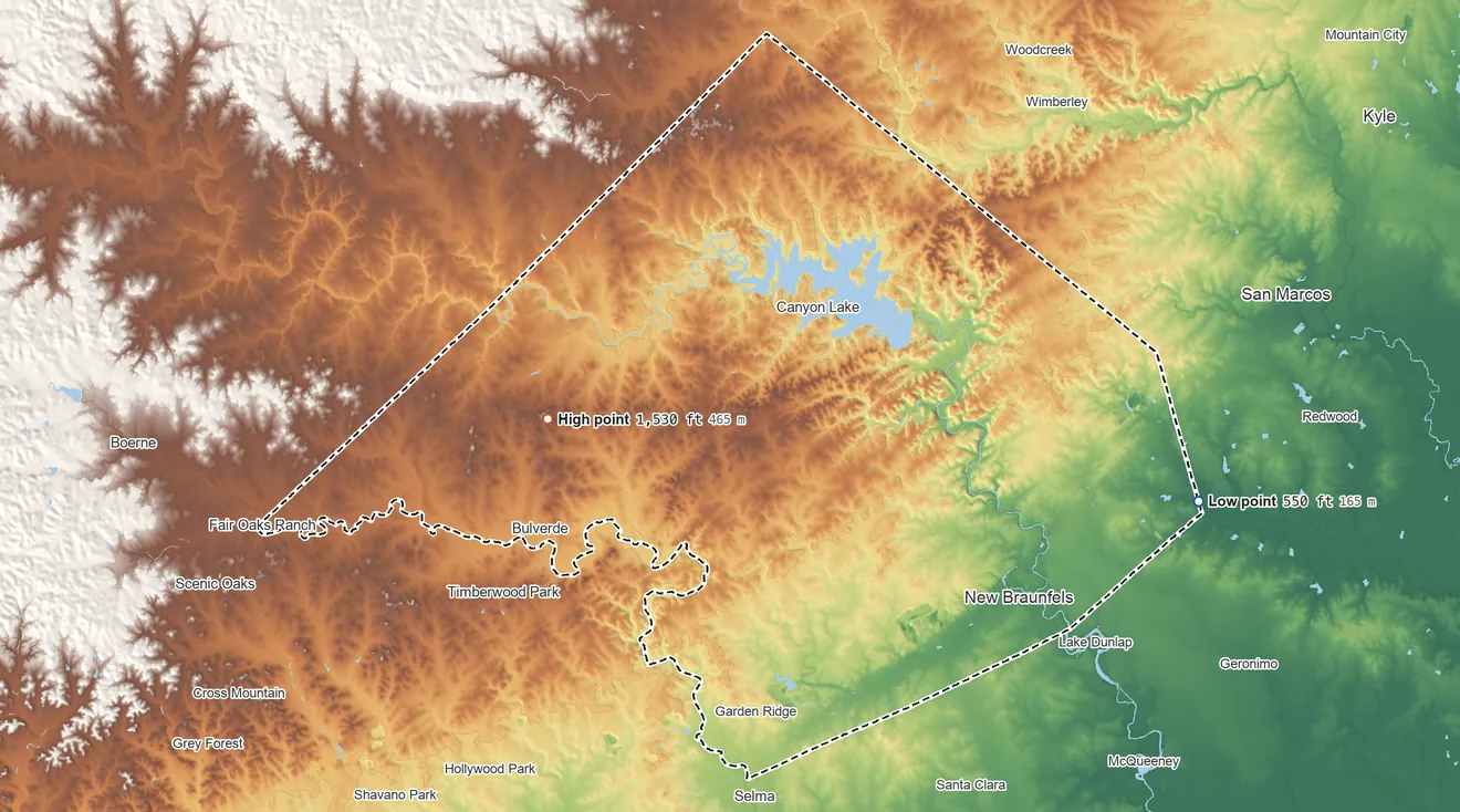 Topographic elevation map of Comal County, Texas, shaded from 550 ft on the east side to 1,530 ft on Devils Hill