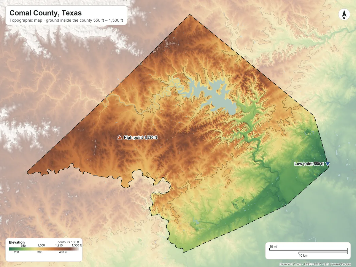 Topographic elevation map of Comal County, Texas, shaded from 550 ft on the east side to 1,530 ft on Devils Hill