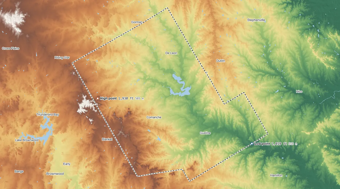 Topographic elevation map of Comanche County, Texas, shaded from 1,010 ft on the southeast side to 1,930 ft on the west side