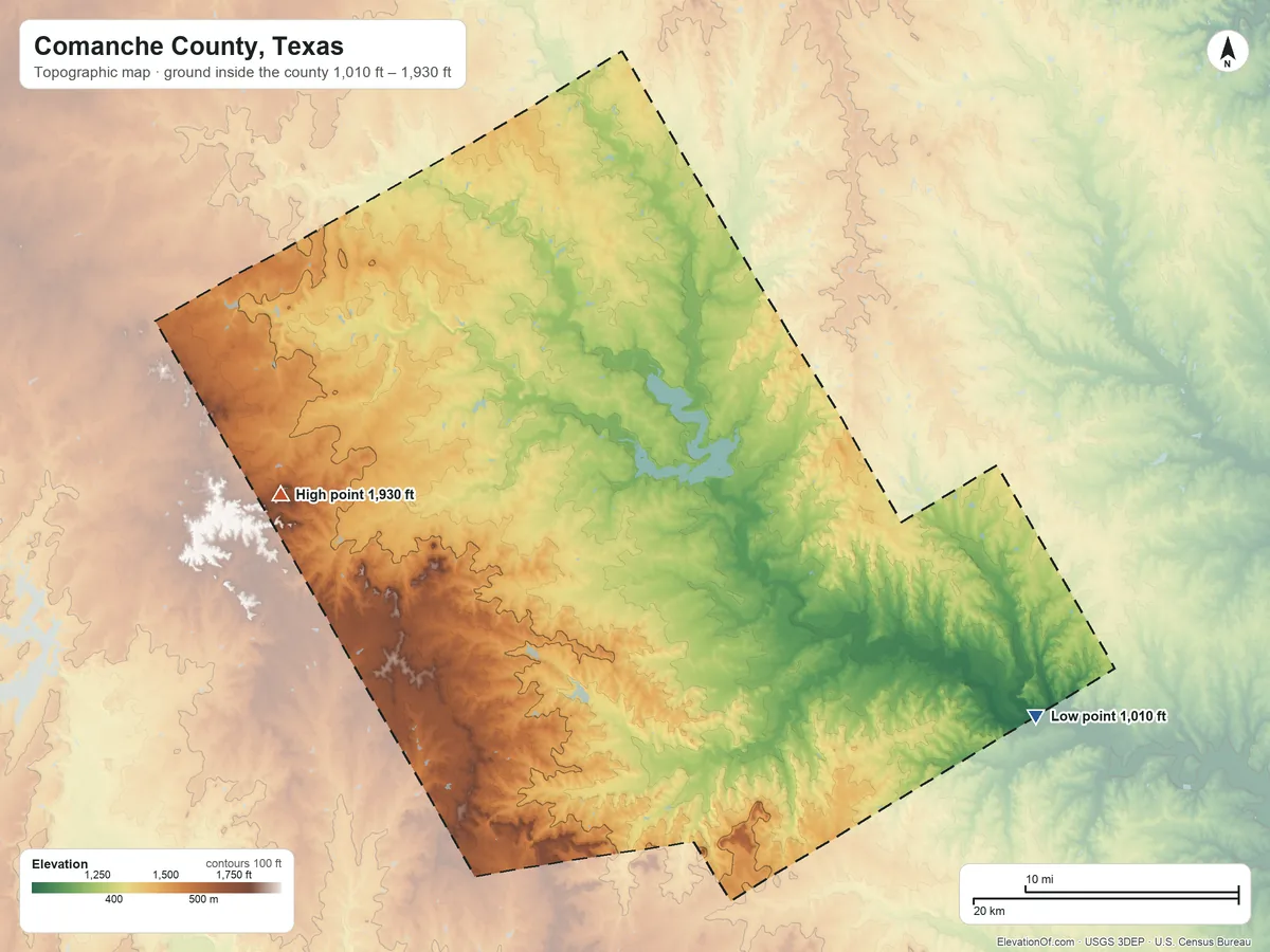 Topographic elevation map of Comanche County, Texas, shaded from 1,010 ft on the southeast side to 1,930 ft on the west side