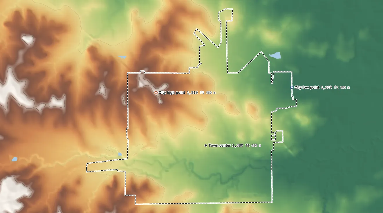 Topographic elevation map of Comanche, Texas, shaded from 1,330 ft on the northeast side to 1,510 ft on the northwest side