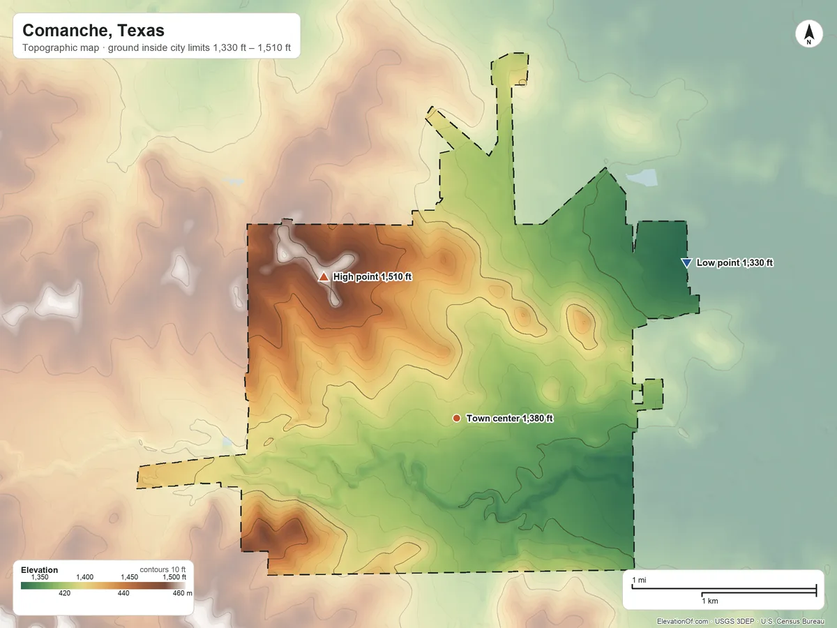 Topographic elevation map of Comanche, Texas, shaded from 1,330 ft on the northeast side to 1,510 ft on the northwest side