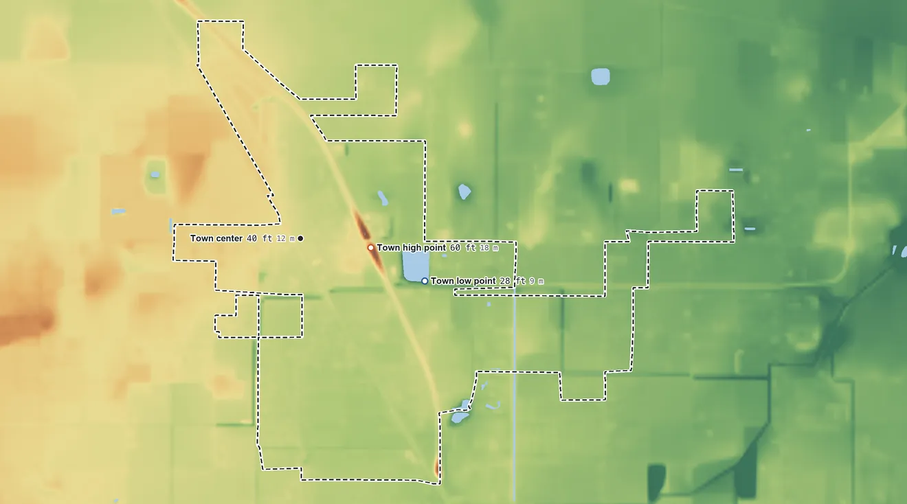 Topographic elevation map of Combes, Texas, shaded from 28 ft on the east side to 60 ft near the middle