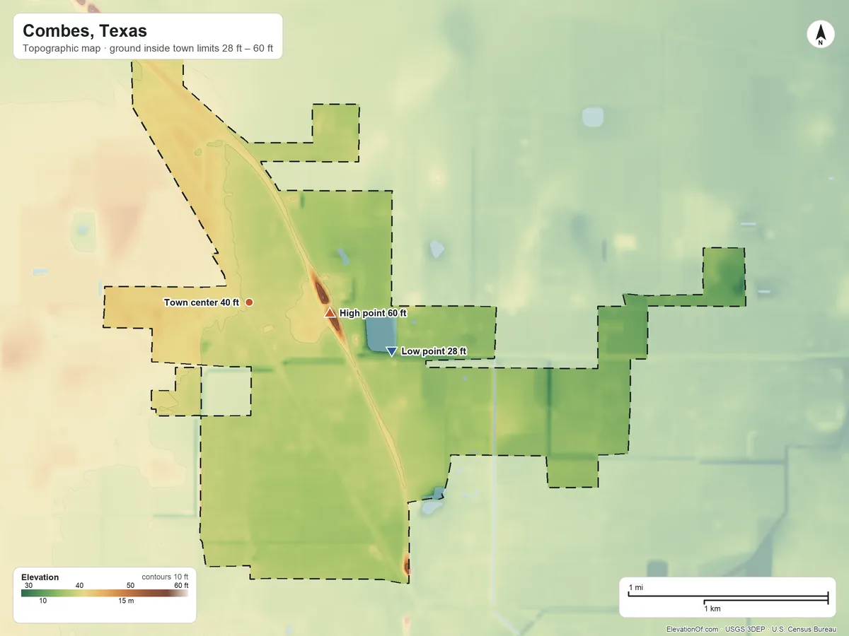 Topographic elevation map of Combes, Texas, shaded from 28 ft on the east side to 60 ft near the middle
