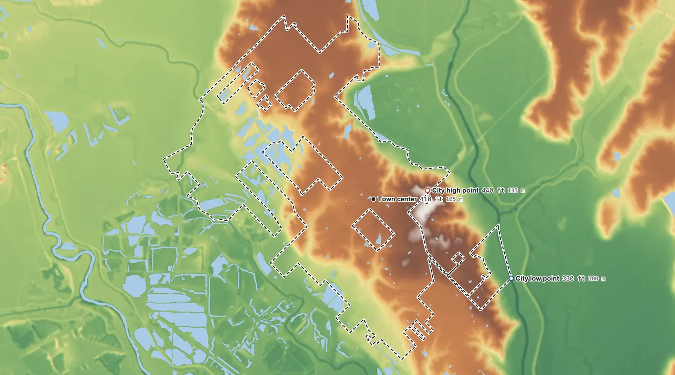 Topographic elevation map of Combine, Texas, shaded from 330 ft on the southeast side to 440 ft on the east side
