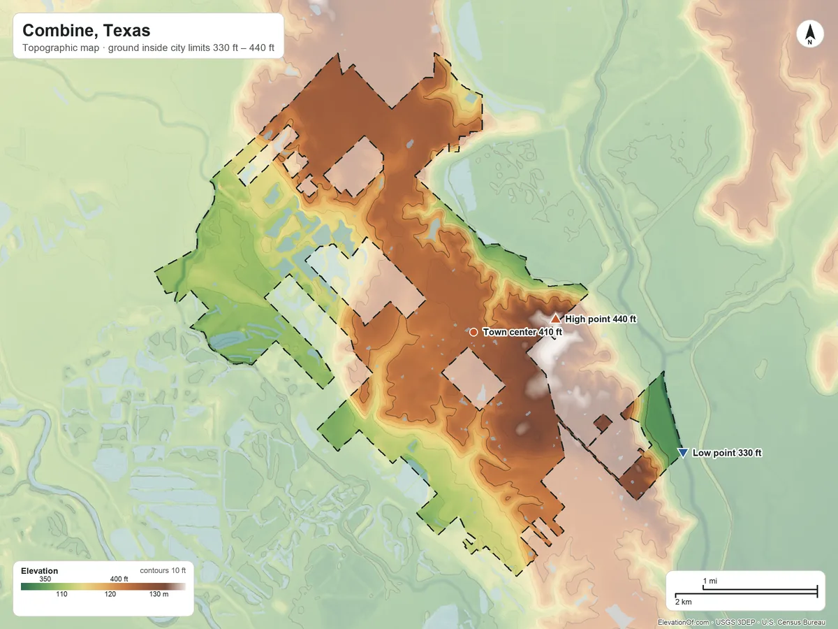 Topographic elevation map of Combine, Texas, shaded from 330 ft on the southeast side to 440 ft on the east side