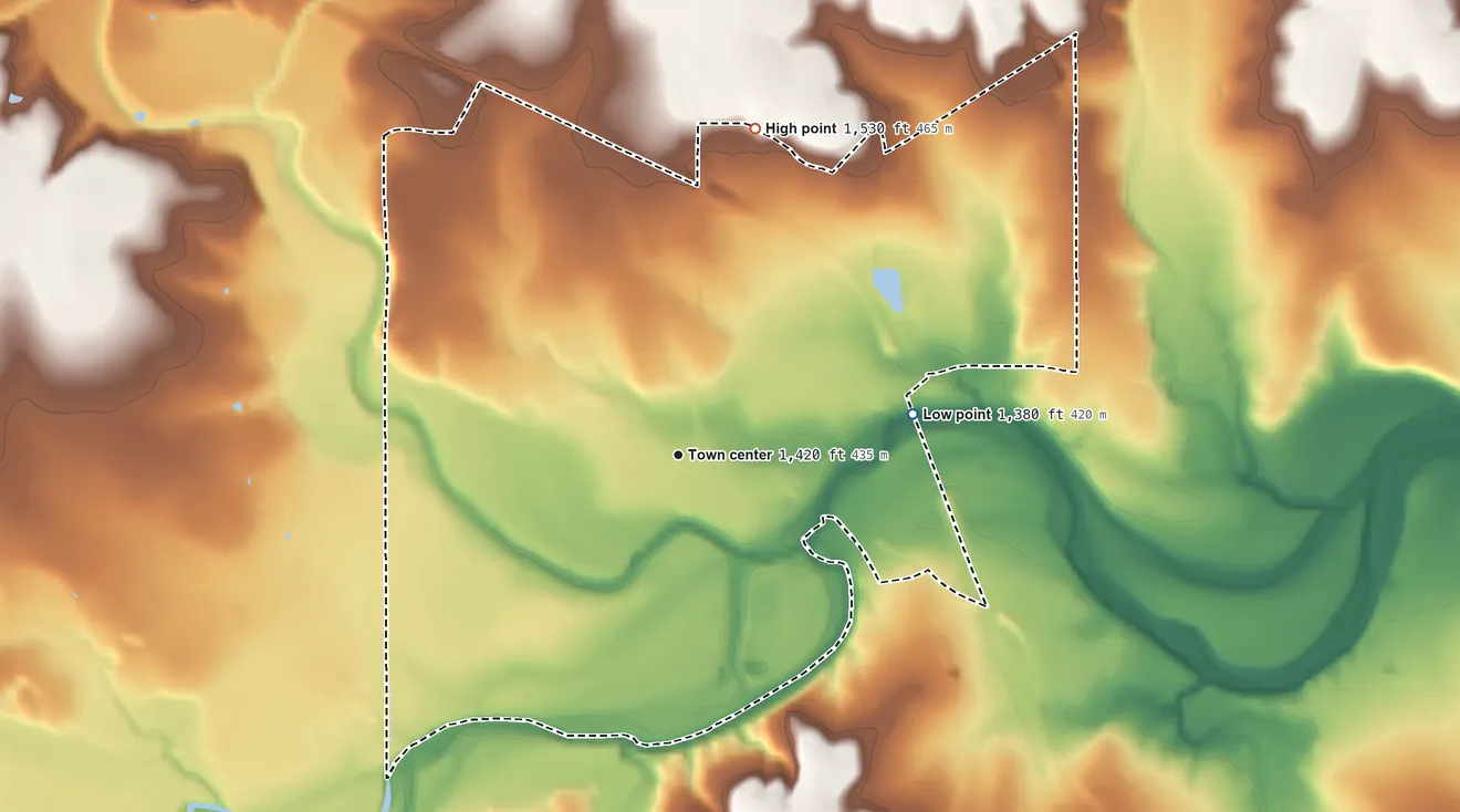 Topographic elevation map of Comfort, Texas, shaded from 1,380 ft on the east side to 1,530 ft on the north side