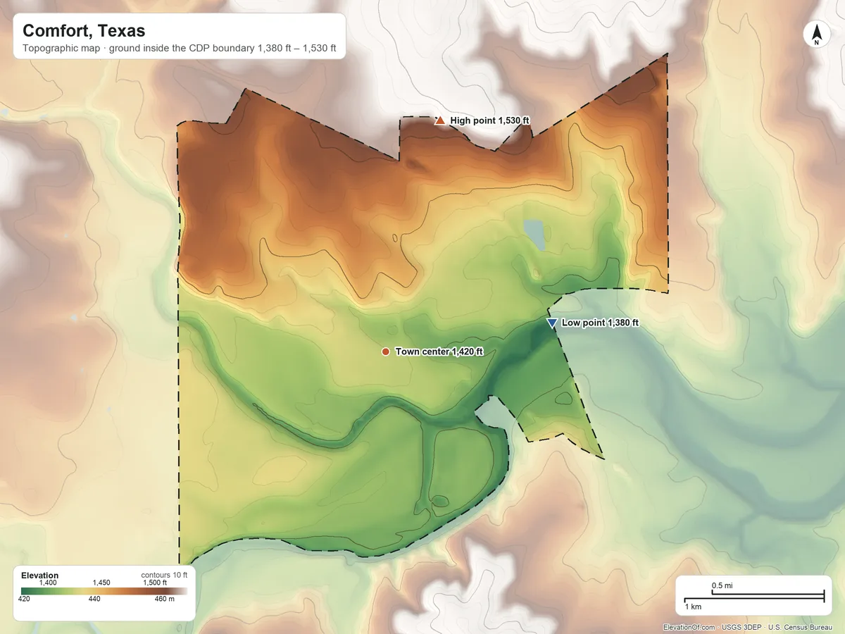 Topographic elevation map of Comfort, Texas, shaded from 1,380 ft on the east side to 1,530 ft on the north side