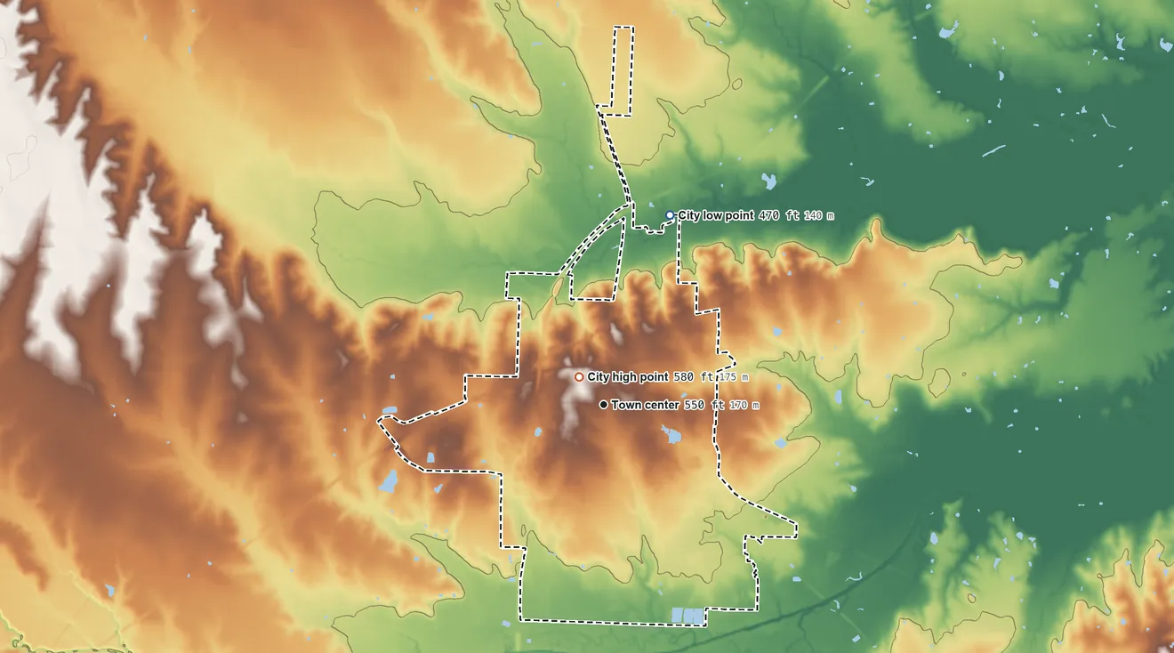 Topographic elevation map of Commerce, Texas, shaded from 470 ft on the north side to 580 ft near the middle