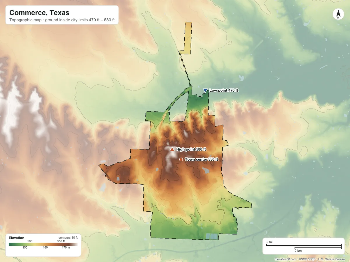 Topographic elevation map of Commerce, Texas, shaded from 470 ft on the north side to 580 ft near the middle