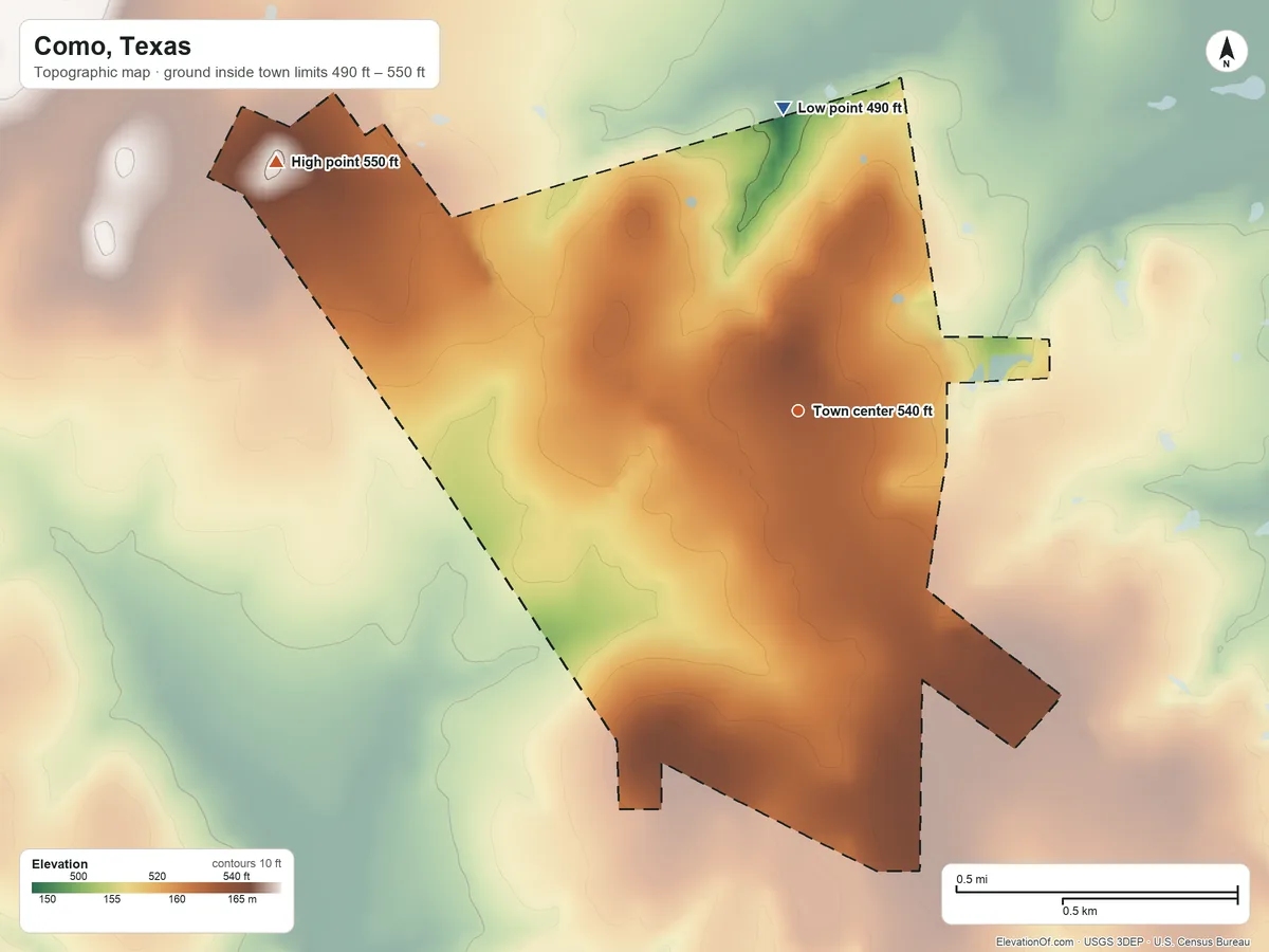 Topographic elevation map of Como, Texas, shaded from 490 ft on the north side to 550 ft on the northwest side