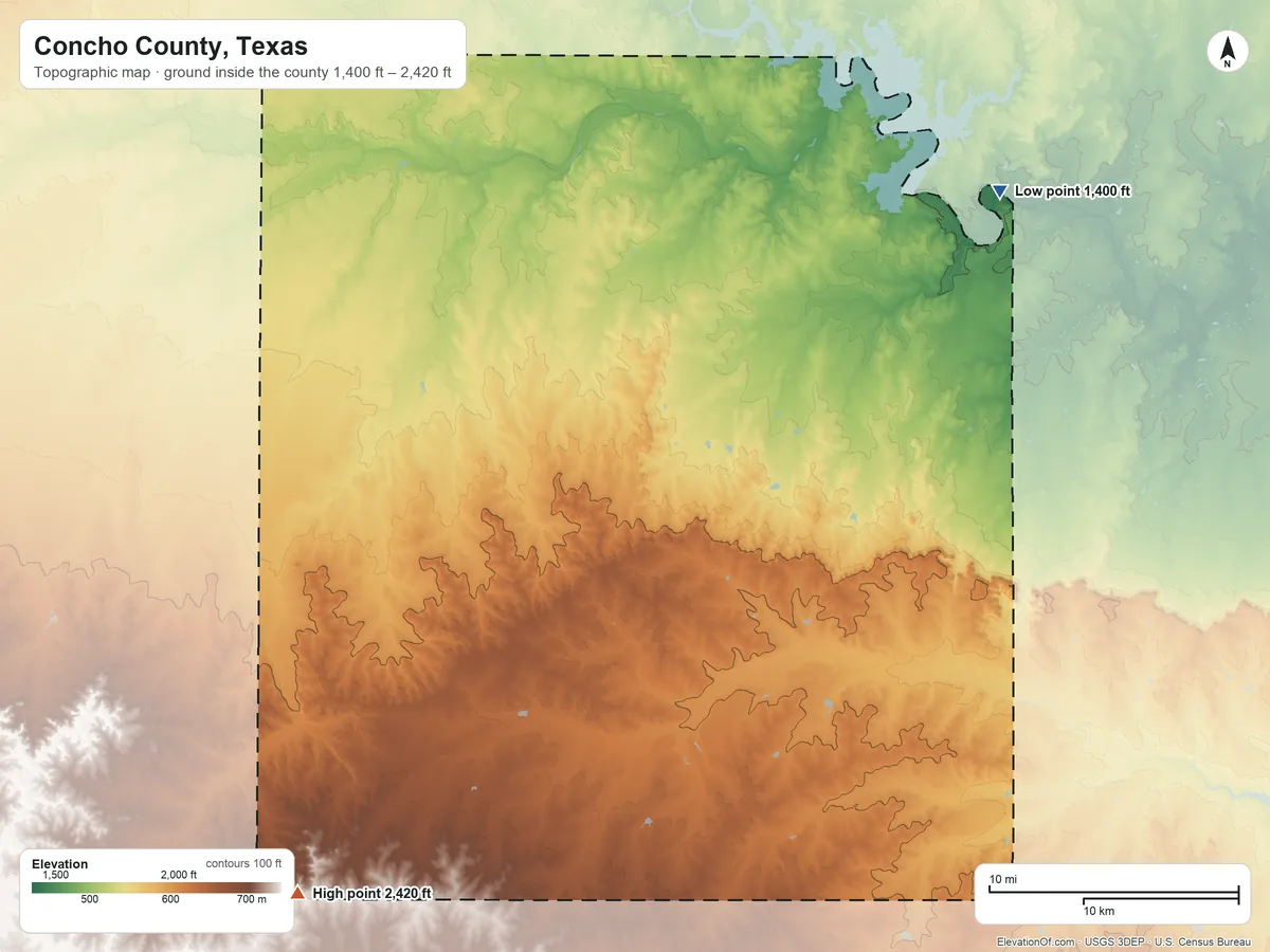 Topographic elevation map of Concho County, Texas, shaded from 1,400 ft on the northeast side to 2,420 ft on the southwest side