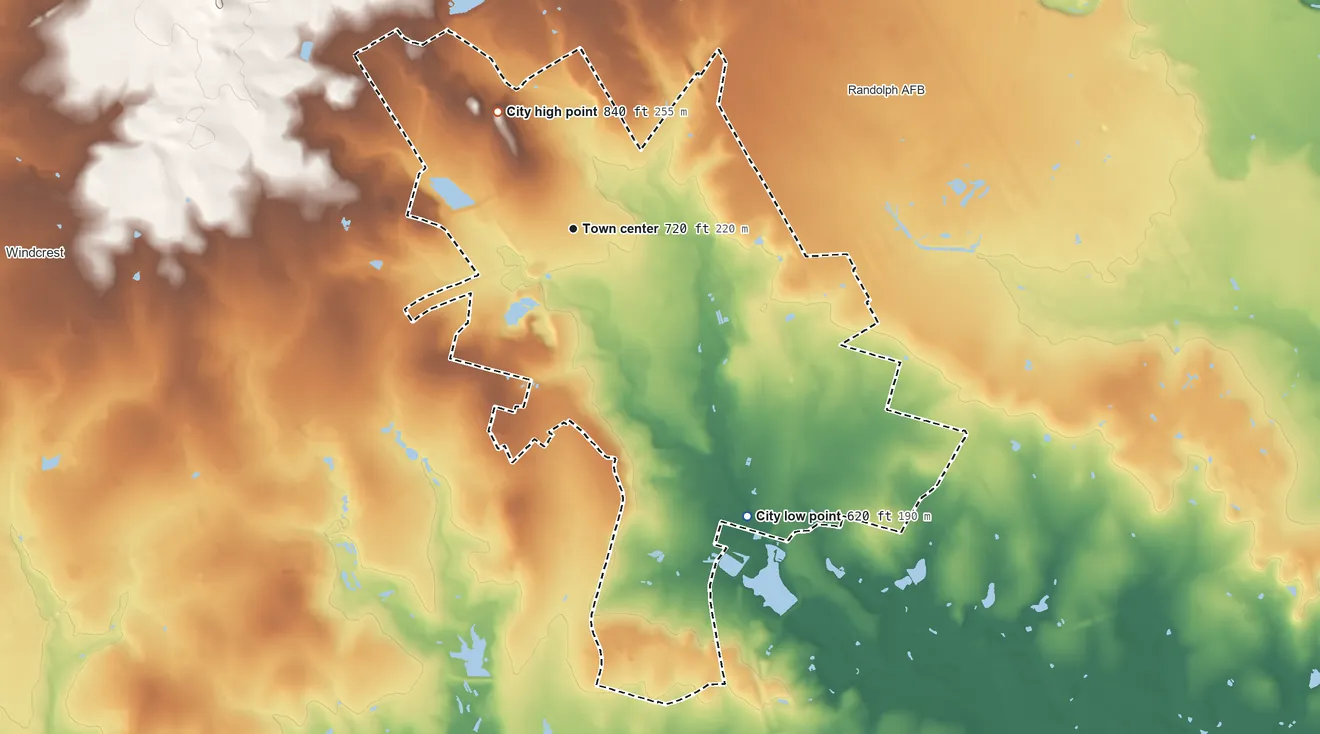 Topographic elevation map of Converse, Texas, shaded from 620 ft on the southeast side to 840 ft on the northwest side