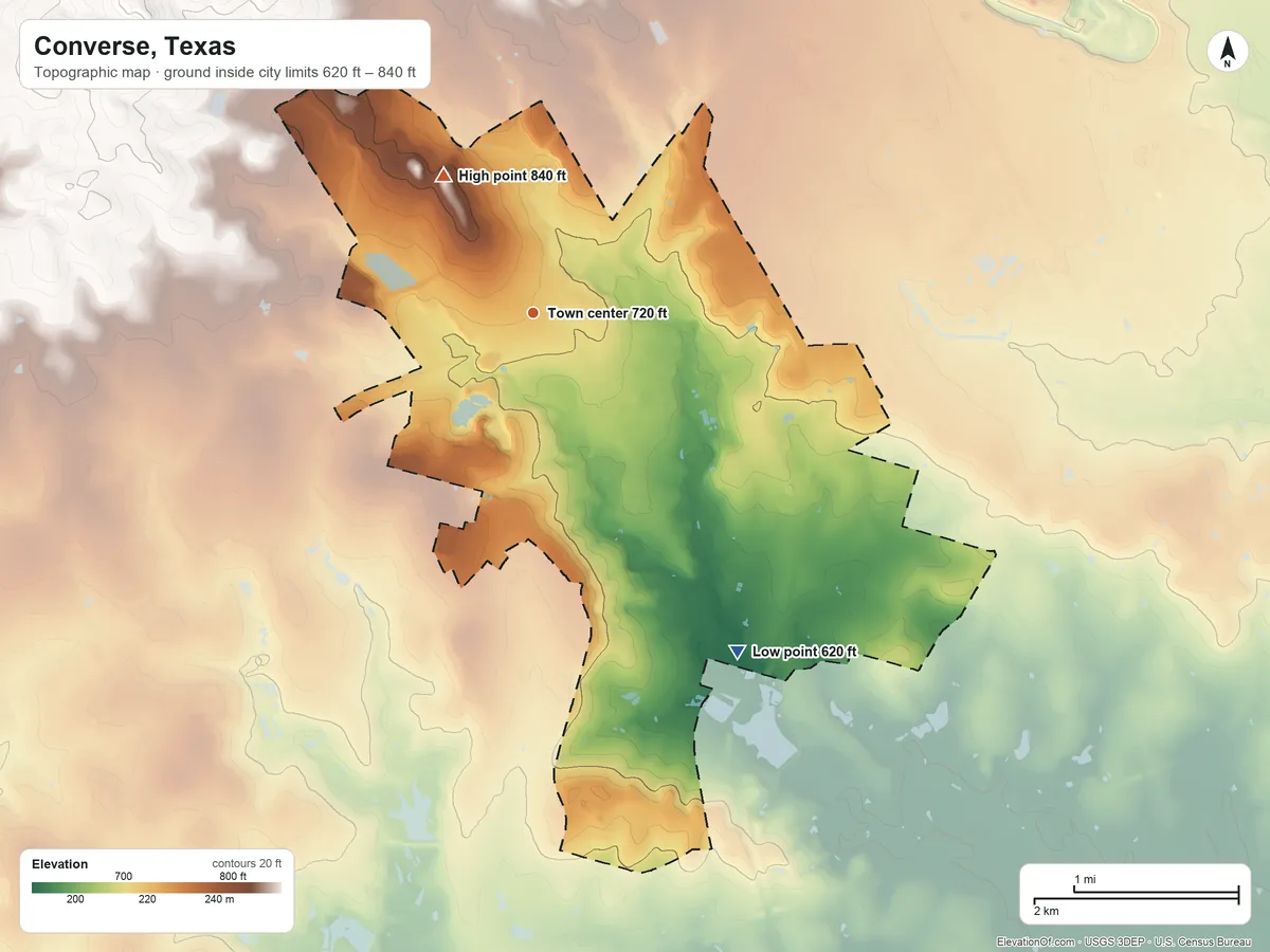 Topographic elevation map of Converse, Texas, shaded from 620 ft on the southeast side to 840 ft on the northwest side