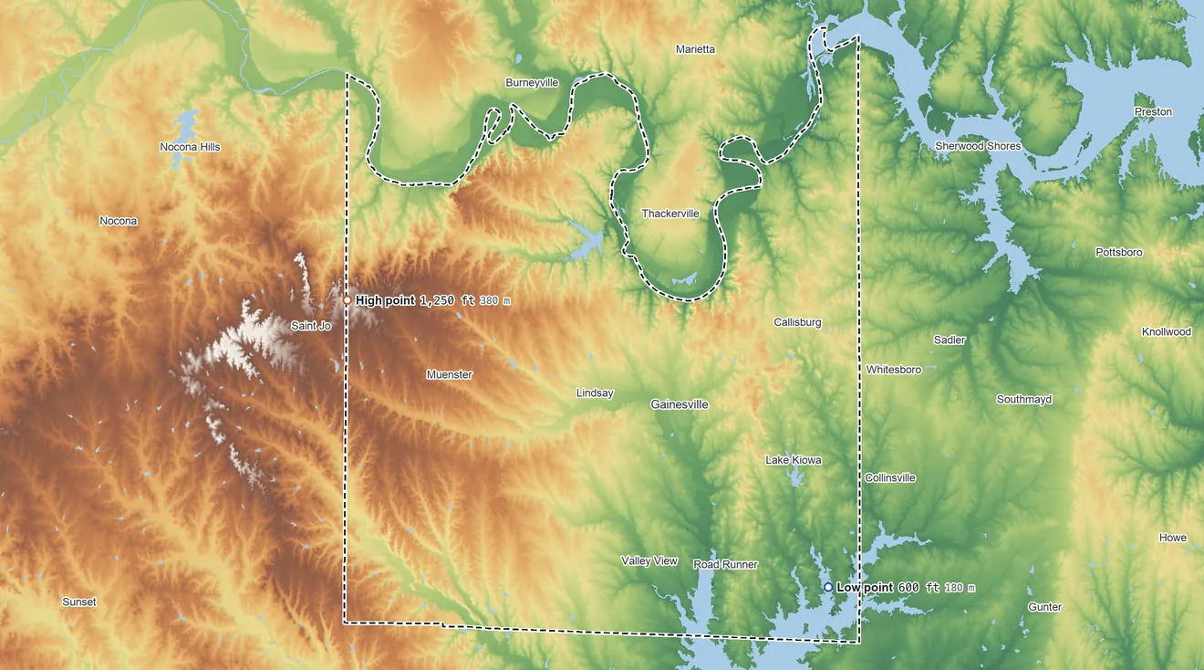 Topographic elevation map of Cooke County, Texas, shaded from 600 ft on the southeast side to 1,250 ft on the west side