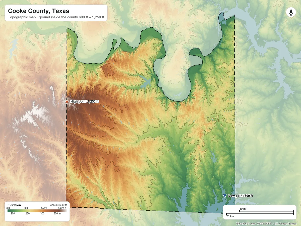 Topographic elevation map of Cooke County, Texas, shaded from 600 ft on the southeast side to 1,250 ft on the west side