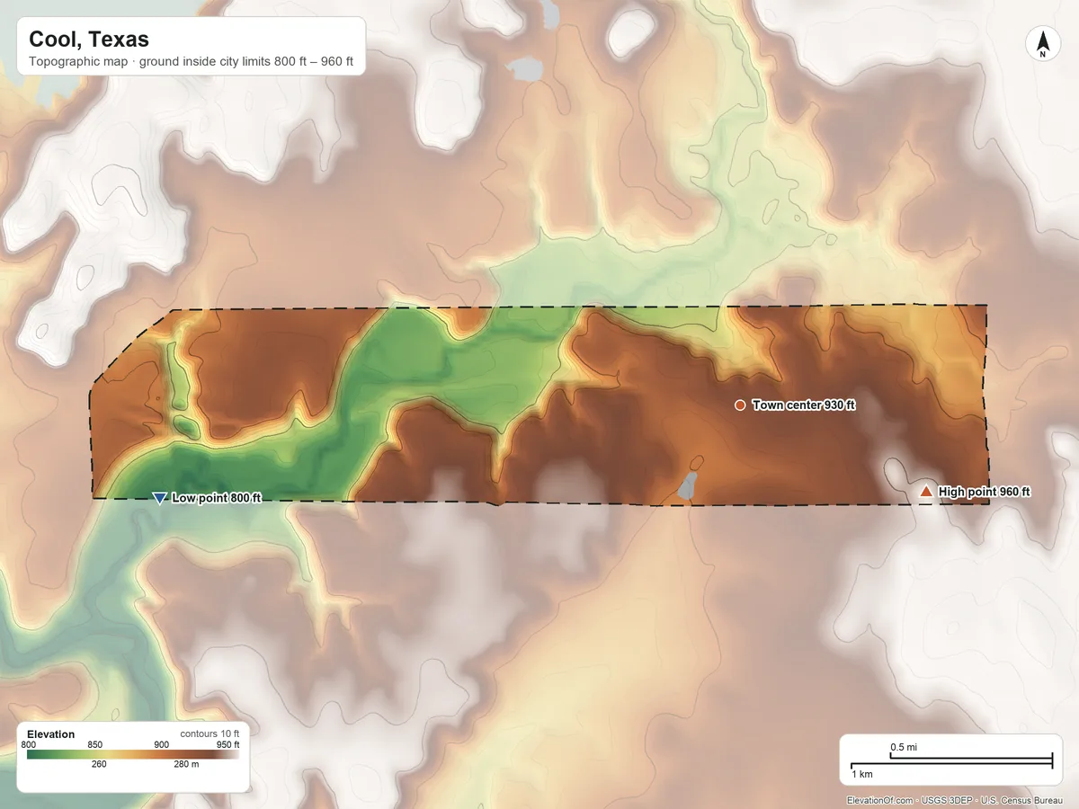 Topographic elevation map of Cool, Texas, shaded from 800 ft on the west side to 960 ft on the southeast side