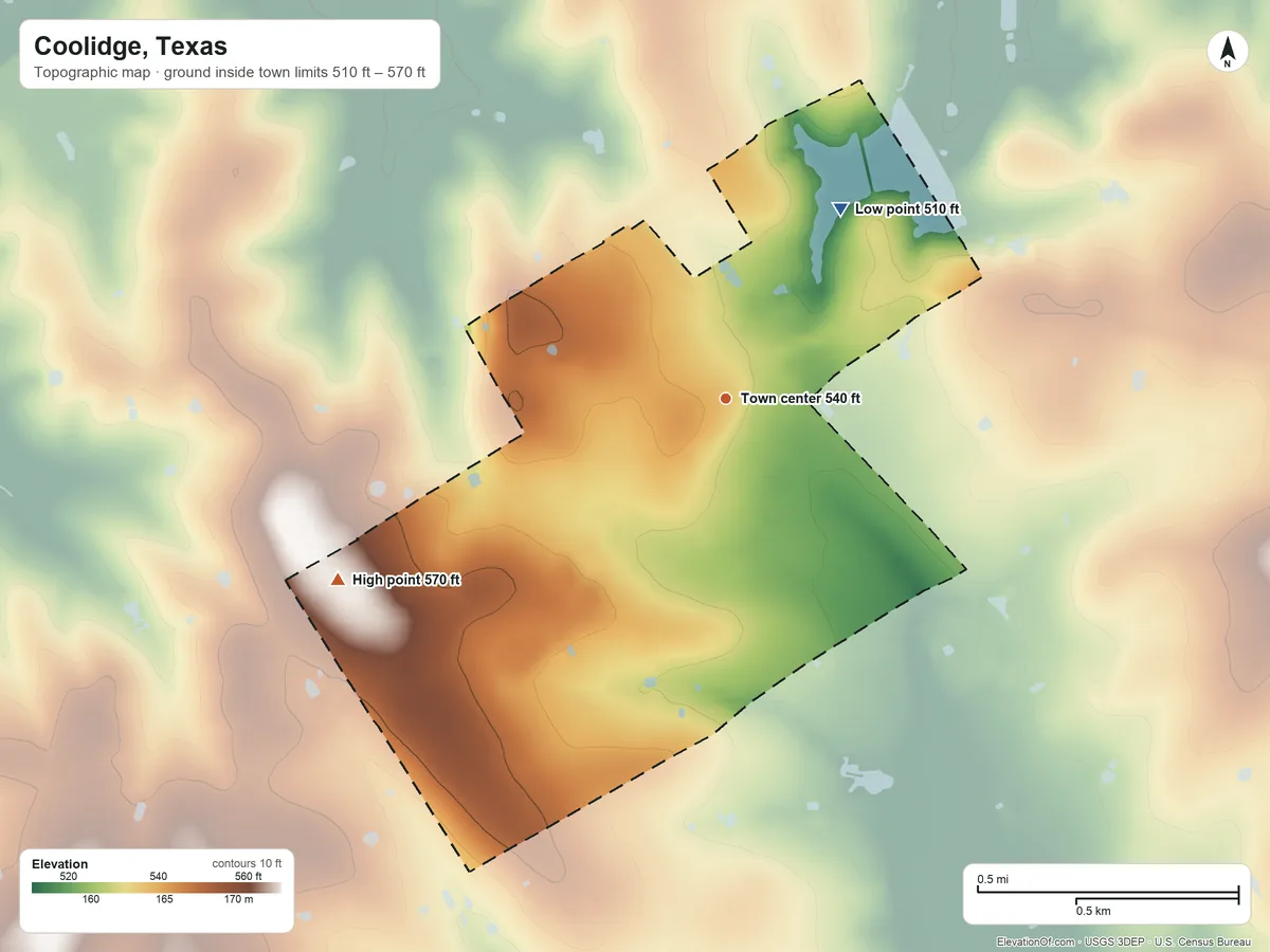 Topographic elevation map of Coolidge, Texas, shaded from 510 ft on the northeast side to 570 ft on the southwest side