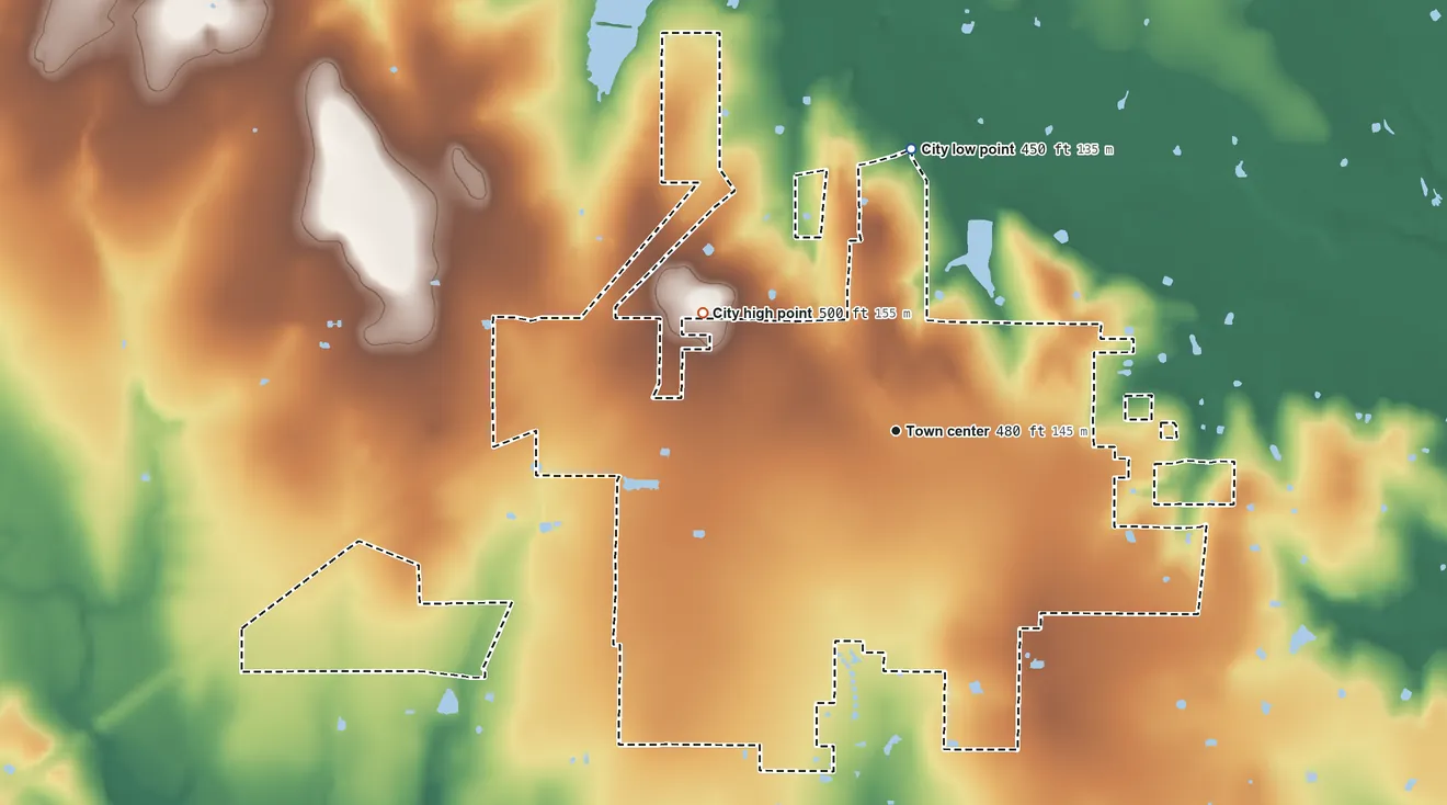 Topographic elevation map of Cooper, Texas, shaded from 450 ft on the north side to 500 ft on the northwest side