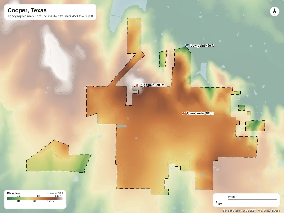 Topographic elevation map of Cooper, Texas, shaded from 450 ft on the north side to 500 ft on the northwest side