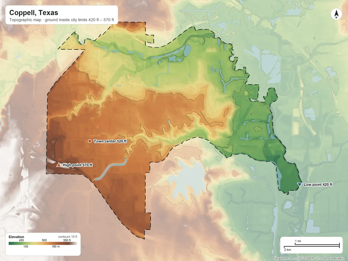 Topographic elevation map of Coppell, Texas, shaded from 420 ft on the east side to 570 ft on the southwest side