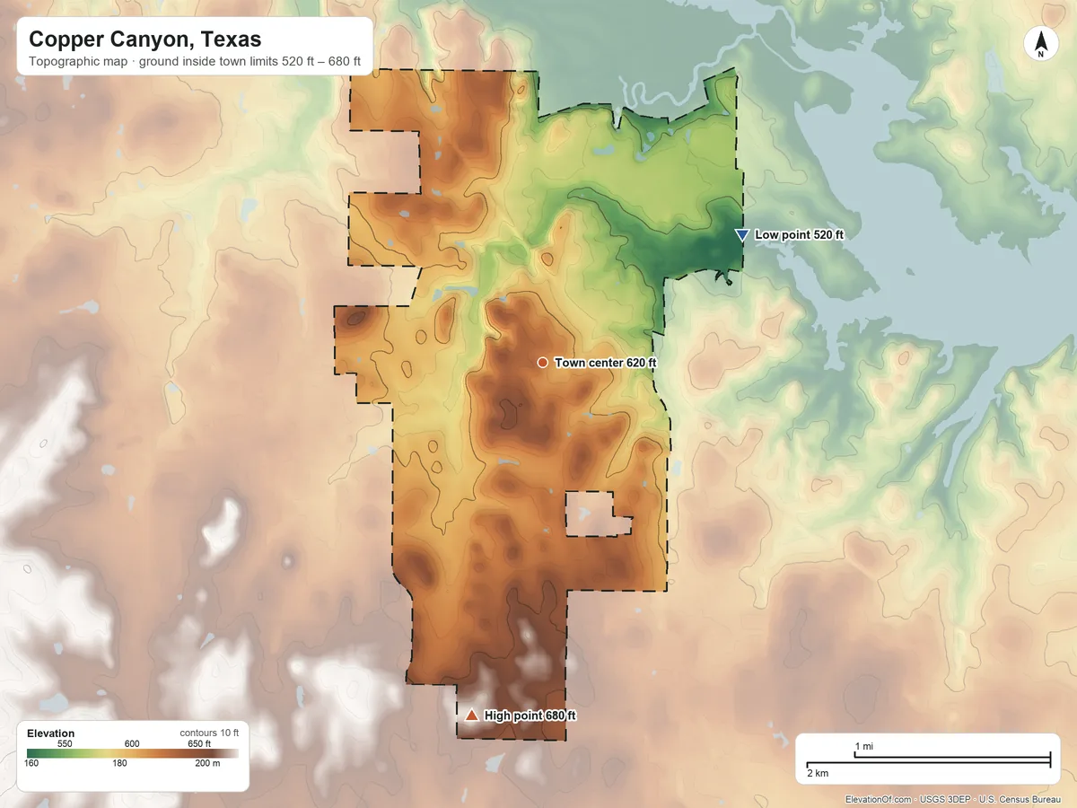 Topographic elevation map of Copper Canyon, Texas, shaded from 520 ft on the northeast side to 680 ft on the south side