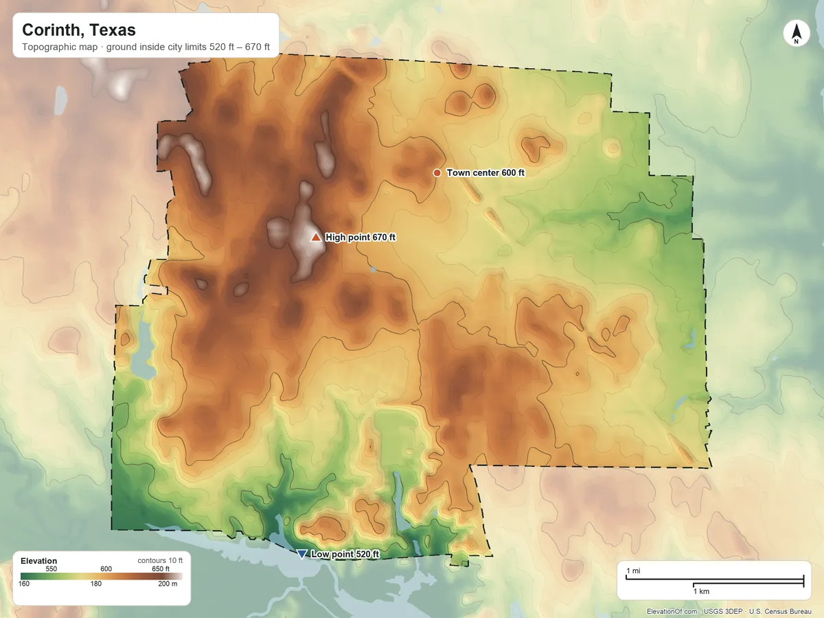 Topographic elevation map of Corinth, Texas, shaded from 520 ft on the south side to 670 ft on the southwest side