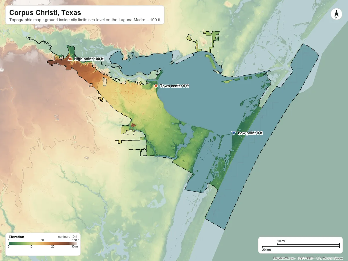 Topographic elevation map of Corpus Christi, Texas, shaded from sea level level on the Laguna Madre to 100 ft on the west side
