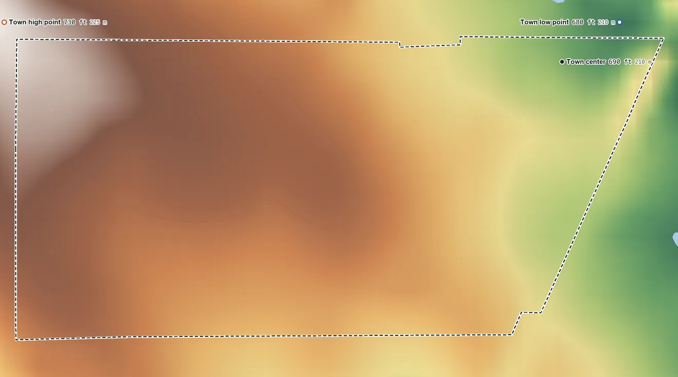 Topographic elevation map of Corral City, Texas, shaded from 680 ft near the middle to 730 ft on the west side