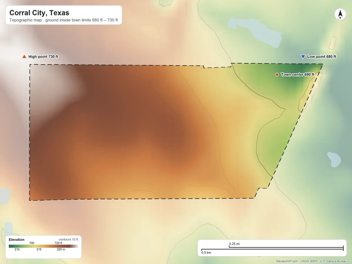 Topographic elevation map of Corral City, Texas, shaded from 680 ft near the middle to 730 ft on the west side