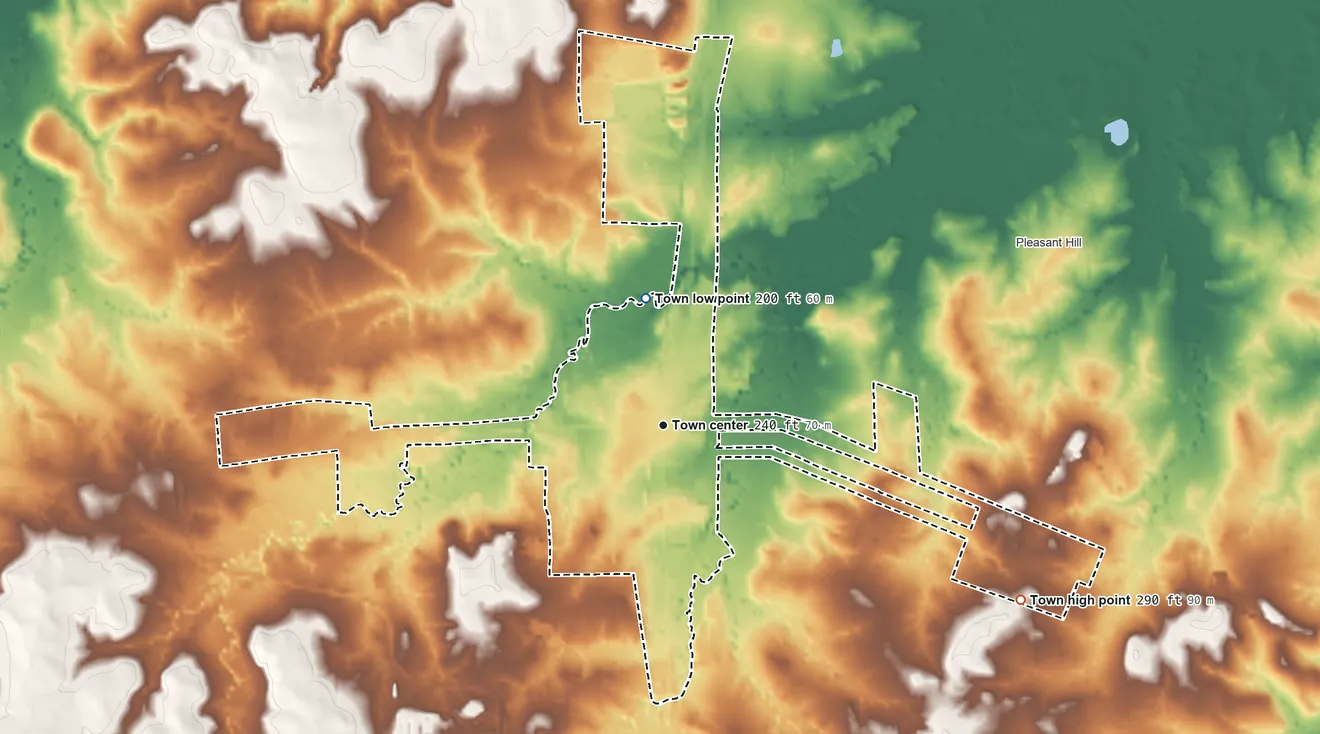 Topographic elevation map of Corrigan, Texas, shaded from 200 ft on the north side to 290 ft on the southeast side