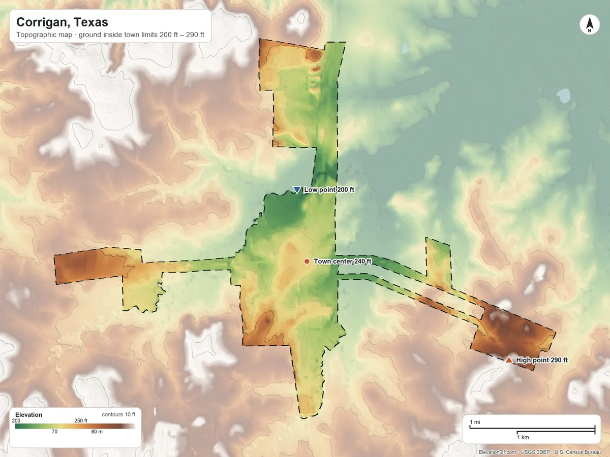 Topographic elevation map of Corrigan, Texas, shaded from 200 ft on the north side to 290 ft on the southeast side