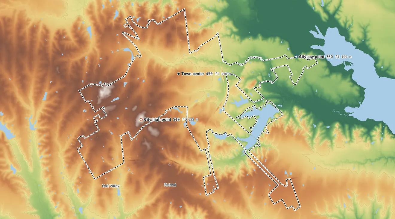 Topographic elevation map of Corsicana, Texas, shaded from 330 ft on the east side to 510 ft on the southwest side