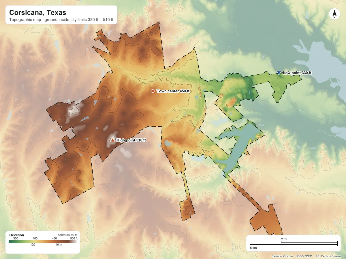 Topographic elevation map of Corsicana, Texas, shaded from 330 ft on the east side to 510 ft on the southwest side