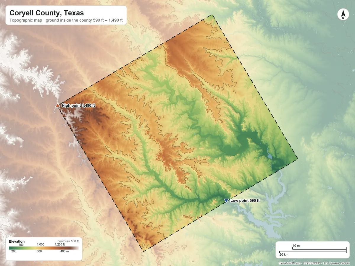Topographic elevation map of Coryell County, Texas, shaded from 590 ft on the southeast side to 1,490 ft on the west side