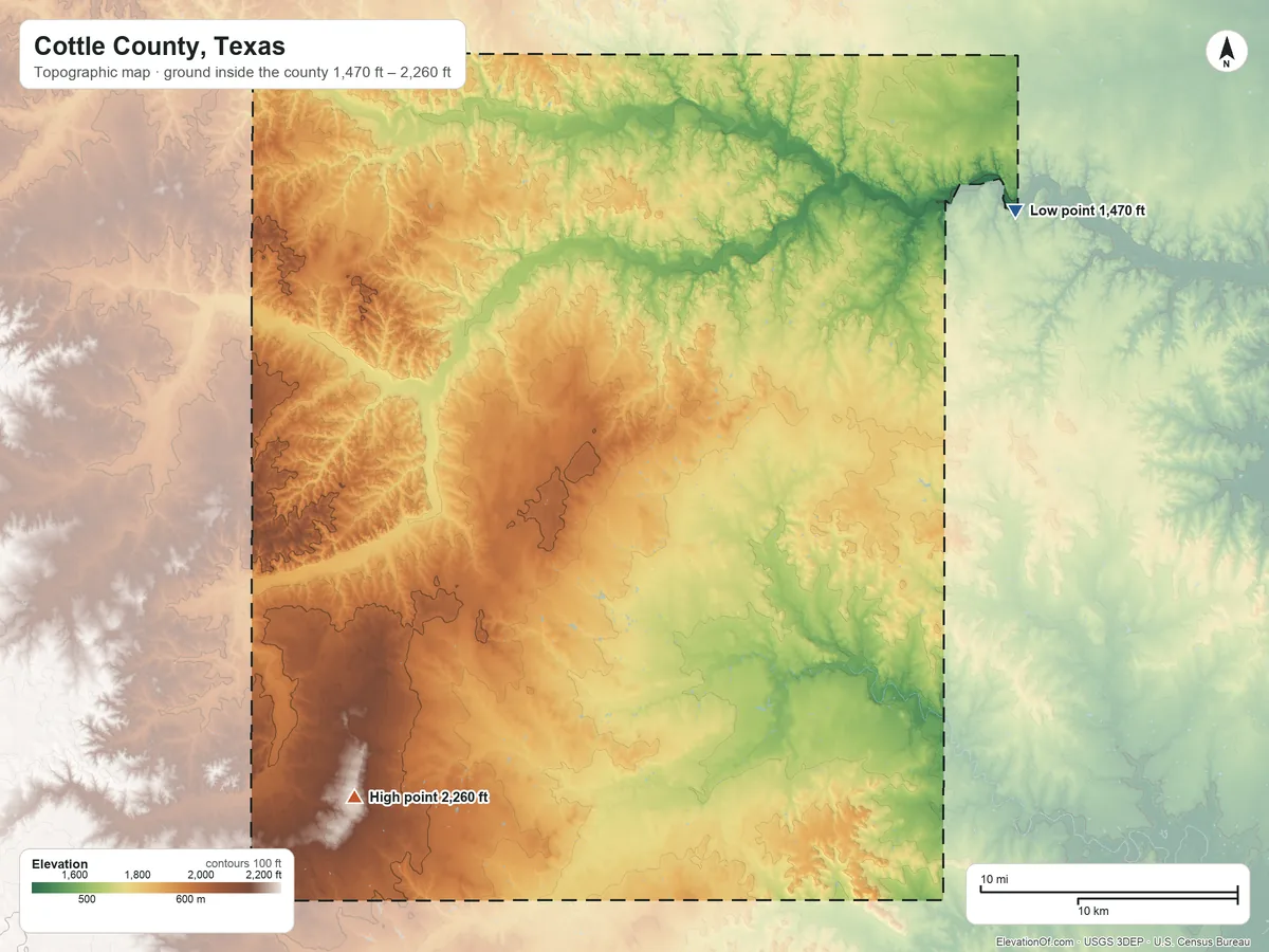 Topographic elevation map of Cottle County, Texas, shaded from 1,470 ft on the northeast side to 2,260 ft on the southwest side