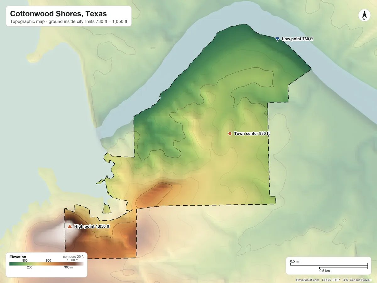 Topographic elevation map of Cottonwood Shores, Texas, shaded from 730 ft on the northeast side to 1,050 ft on Castle Mountain