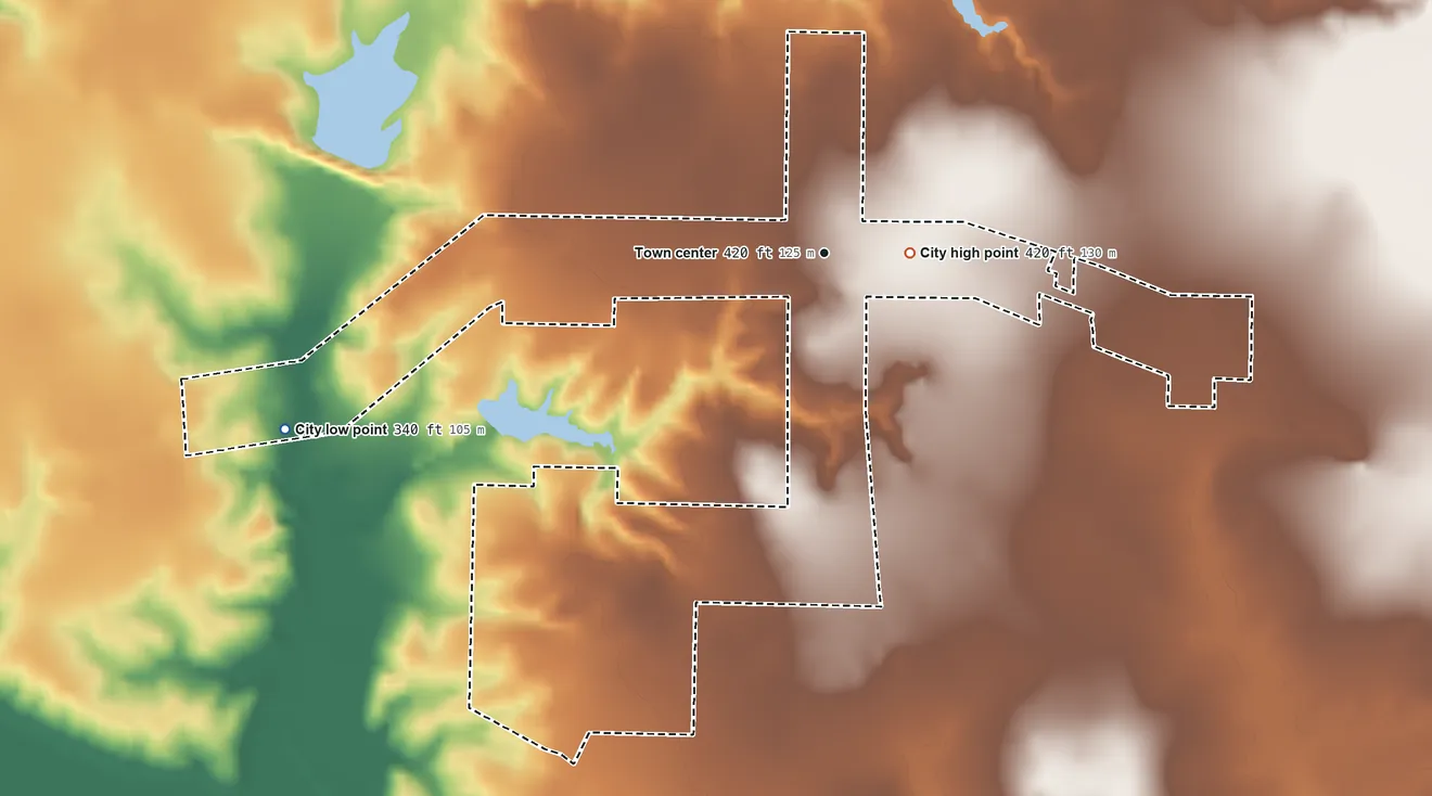 Topographic elevation map of Cottonwood, Texas, shaded from 340 ft on the west side to 420 ft near the middle