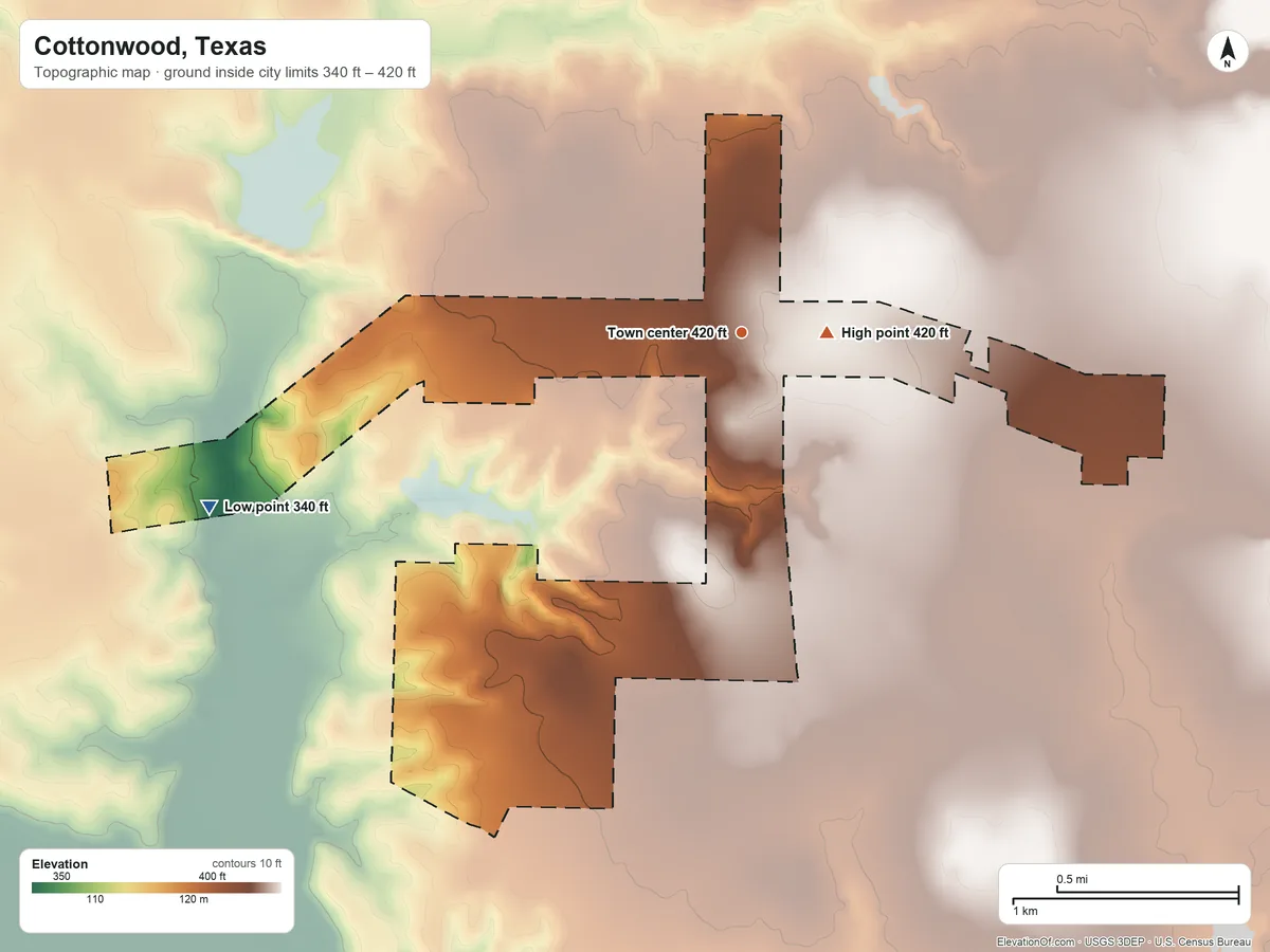Topographic elevation map of Cottonwood, Texas, shaded from 340 ft on the west side to 420 ft near the middle
