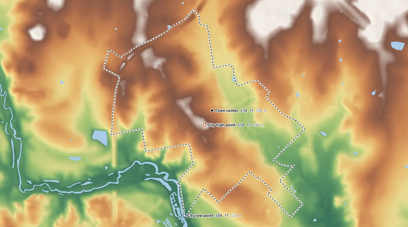 Topographic elevation map of Cotulla, Texas, shaded from 380 ft on the south side to 450 ft near the middle