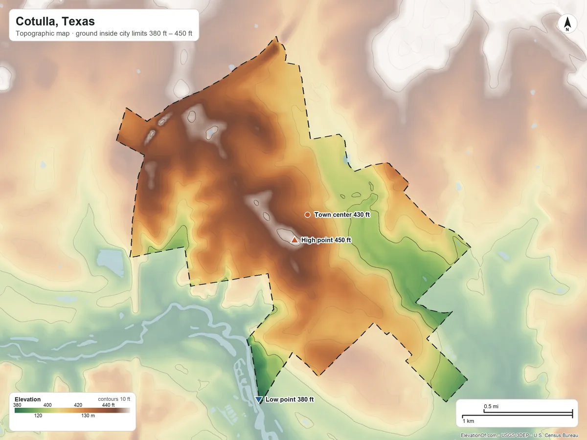Topographic elevation map of Cotulla, Texas, shaded from 380 ft on the south side to 450 ft near the middle