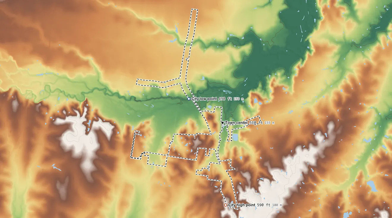Topographic elevation map of Coupland, Texas, shaded from 490 ft on the northwest side to 590 ft on the south side