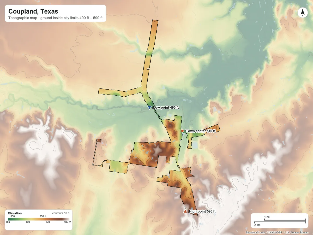 Topographic elevation map of Coupland, Texas, shaded from 490 ft on the northwest side to 590 ft on the south side