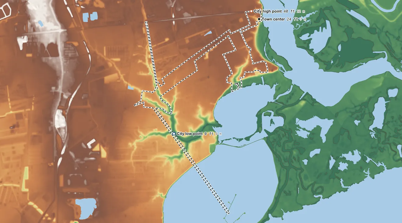Topographic elevation map of Cove, Texas, shaded from 0 ft on the southwest side to 40 ft near the middle